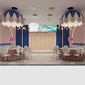 Modern Banquet Hall Featuring Blue Pink Walls Large Decorative Pendant Lights White Chairs And Round Tables