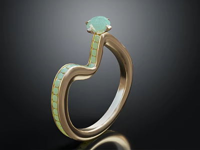 Elegant Gold Ring with Inlaid Green Square Stones and Shell Shaped Top Gem Design 3d model