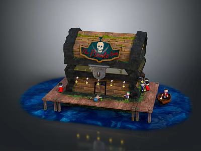Pirate Themed Building with Wooden Structure Skull Signboard Waterfront Dock Platform Lights and Pirate Figures 3d model
