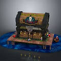 Pirate Themed Building with Wooden Structure Skull Signboard Waterfront Dock Platform Lights and Pirate Figures