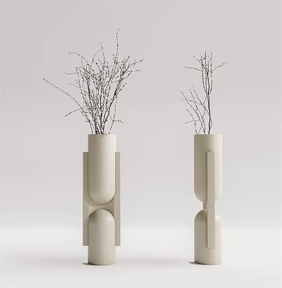 Two White Modern Design Vases with Unique Shape and Dried Branches Inside 3d model