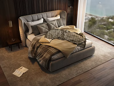 Double Bed With Grey Headboard Pillows And Plaid Blanket Near Large Window Sea View Wooden Wall 3d model