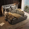 Double Bed With Grey Headboard Pillows And Plaid Blanket Near Large Window Sea View Wooden Wall