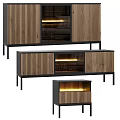 Modern TV Stand Design With Striped Wooden Panels Glass Doors And Built-in Lighting