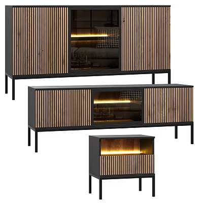 Modern TV Stand Design With Striped Wooden Panels Glass Doors And Built-in Lighting 3d model