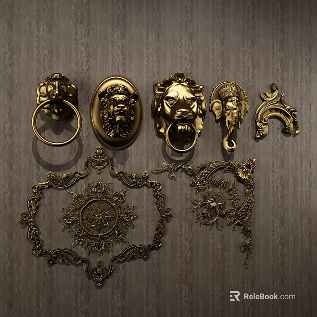 Golden Decorative Door Knobs With Lion Head Elephant Head And Intricate Carvings 3d model 