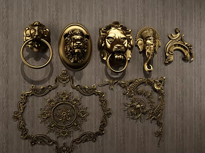 Golden Decorative Door Knobs With Lion Head Elephant Head And Intricate Carvings 3d model