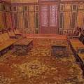 Vintage Ornate Public Seating in Decorated Room with Walls Coffee Tables and Carpet