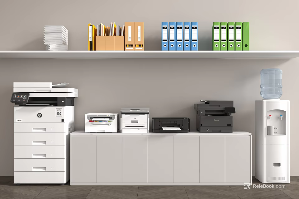 Modern Office Interior Featuring Essential Appliances Printers Scanners And Water Dispenser 3d model 