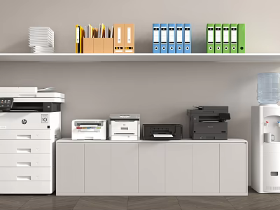 Modern Office Interior Featuring Essential Appliances Printers Scanners And Water Dispenser 3d model