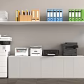 Modern Office Interior Featuring Essential Appliances Printers Scanners And Water Dispenser