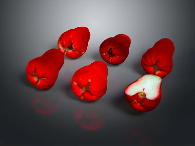 Fresh Red Wax Apples Whole And Sliced On Grey Surface With White Flesh 3d model