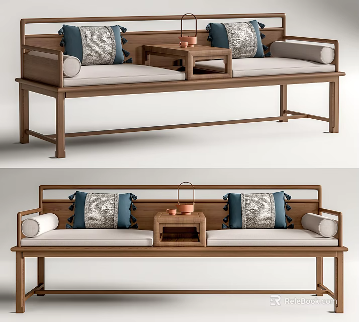 Classic Chinese Arhat Bed with Wooden Frame Armrests Cushions and Small Side Table 3d model 