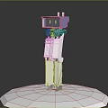3D Robot Character With Purple Head Yellow Eyes White Body Standing On White Hexagonal Platform