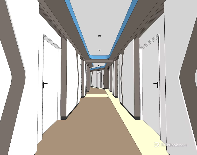Modern Elevator Hallway Design With White Doors And Blue Ceiling Trim 3d model