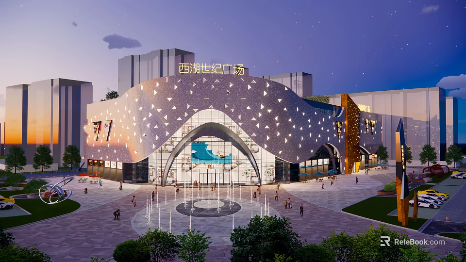 Xixi Century Plaza Modern Architecture With Unique Facade Open Square And Evening Lights 3d model 