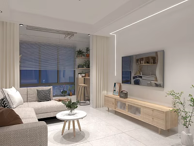 Modern Bright Living And Dining Space With Cozy Sofa Natural Wood Furniture And Decorative Green Plants 3d model