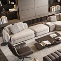 Modern Living Room Sofa And Coffee Table Set With Armchairs Bookshelves And Large Windows
