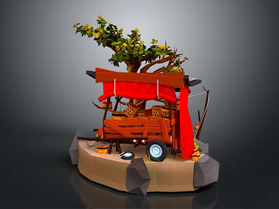 Ancient Wooden Cart with Red Canopy Tree and Decorative Elements on Stone Platform 3d model