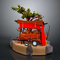 Ancient Wooden Cart with Red Canopy Tree and Decorative Elements on Stone Platform