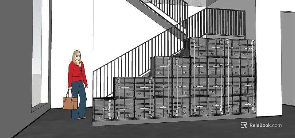Stacked Bookcase Units With Metal Frame And Multiple Shelves Under Staircase 3d model