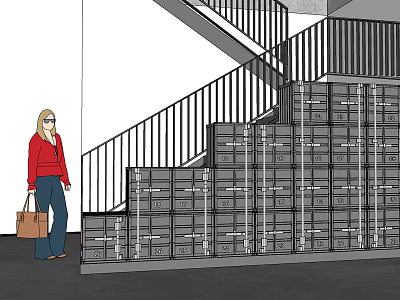 Stacked Bookcase Units With Metal Frame And Multiple Shelves Under Staircase 3d model