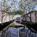 Modern Garden Landscape with Reflection Pool Symmetrical Trees and Stone Walls 3d model
