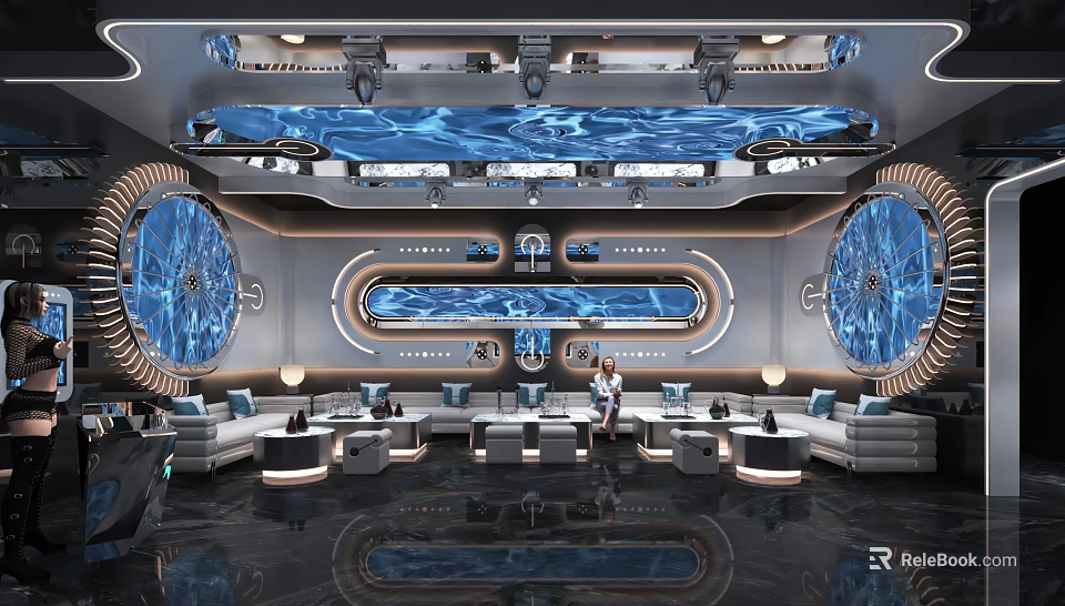 Modern KTV Lounge Interior Design With Blue Lighting Circular Decorations Sofas And Tables 3d model 