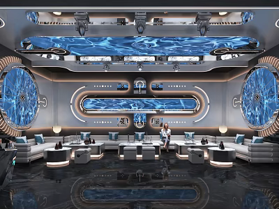 Modern KTV Lounge Interior Design With Blue Lighting Circular Decorations Sofas And Tables 3d model