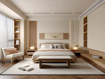 Modern Bedroom Interior With Wooden Furniture Beige Walls Decorative Painting And Foot Bench 3d model