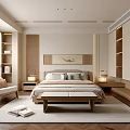 Modern Bedroom Interior With Wooden Furniture Beige Walls Decorative Painting And Foot Bench