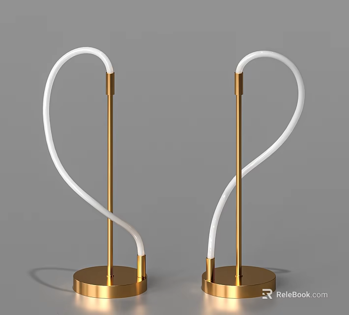 Two Modern Table Lamps With White Curved Tubes And Golden Base And Stand 3d model 