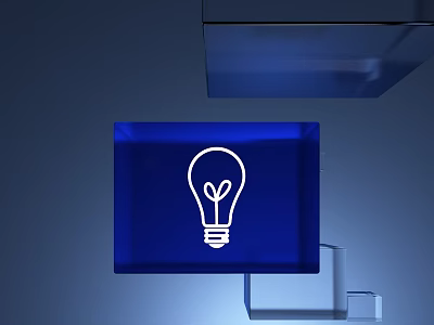 Blue Square Shaped Commercial Device Featuring Light Bulb Icon And Geometric Shapes 3d model