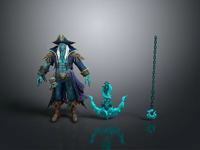 Man In Pirate Style Outfit With Blue Purple Accents Glowing Hook And Chain 3d model