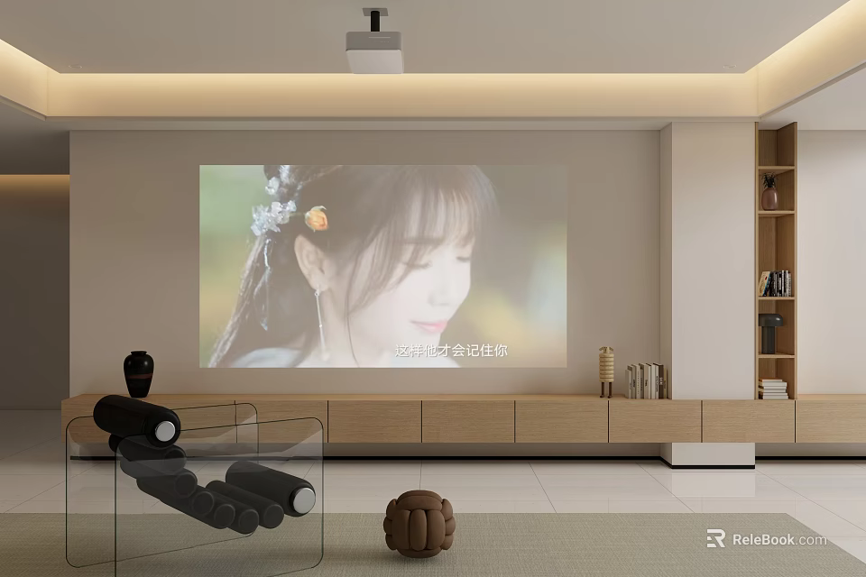 TV Background Wall In Modern Living Room With Projector And Cabinets 3d model 