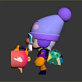 Cartoon Character with Purple Pompon Hat Blue Goggles Red Nose White Beard and Pink Racket