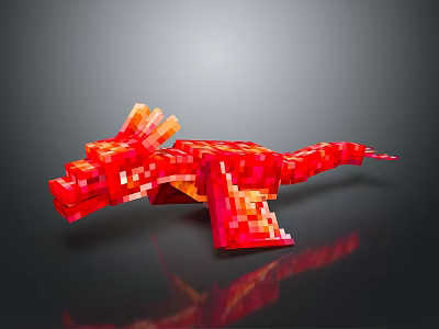 Red Pixel Art Dragon With Blocky Design Shiny Surface And Reflective Background 3d model