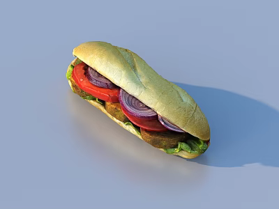 Delicious Baguette Sandwich With Patty Lettuce Tomato And Red Onion Slices 3d model