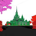 Ancient White Building With Spires Towers Arched Windows And Red Trees Under Blue Sky