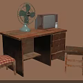 Rustic Wooden Furniture Set Featuring Desk Chair Stool Green Fan And Vintage TV
