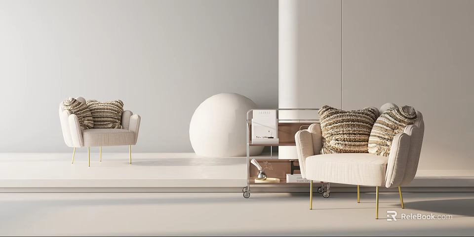 Elegant Beige Single Sofa With Woven Pillows And Gold Legs In Modern Interior 3d model 