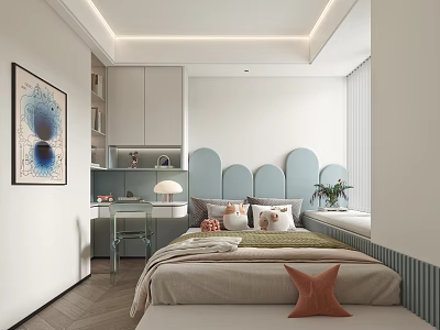 Modern Bright Children's Room Interior With Curved Blue Headboard Bed Study Desk And Decorative Painting 3d model
