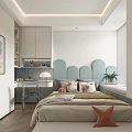 Modern Bright Children's Room Interior With Curved Blue Headboard Bed Study Desk And Decorative Painting