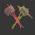 Medieval Crossed Stone Headed Weapons With Wooden Handles And Rope Bindings