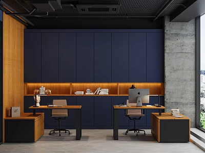 Modern Public Office Space With Navy Blue Cabinets Wooden Desks And Office Chairs 3d model