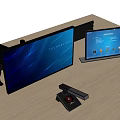 Dual Monitors Setup With Adjustable Arm On Wooden Desk And Microphone