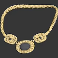 Elegant Braided Gold Necklace With Blue Gemstone And Ornate Decorative Pendants Design