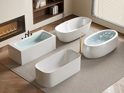 Modern Bathroom With Different Style White Bathtubs And Flower Petals Fireplace Bookshelf Window 3d model