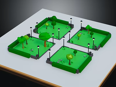 Cartoon Scene with Green Square Lawns Cartoon Trees Street Lamps and Small Animals in 3D 3d model