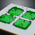 Cartoon Scene with Green Square Lawns Cartoon Trees Street Lamps and Small Animals in 3D